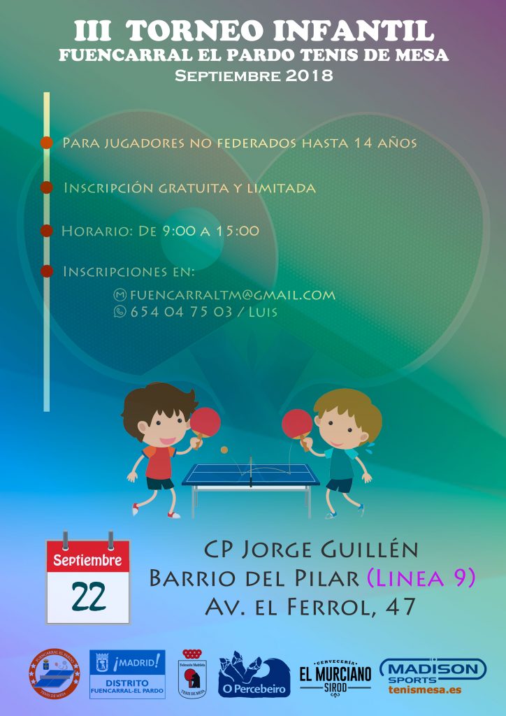 Cartel con información del torneo infantil de tenis de mesa organizado por el club Fuencarral - El Pardo TM